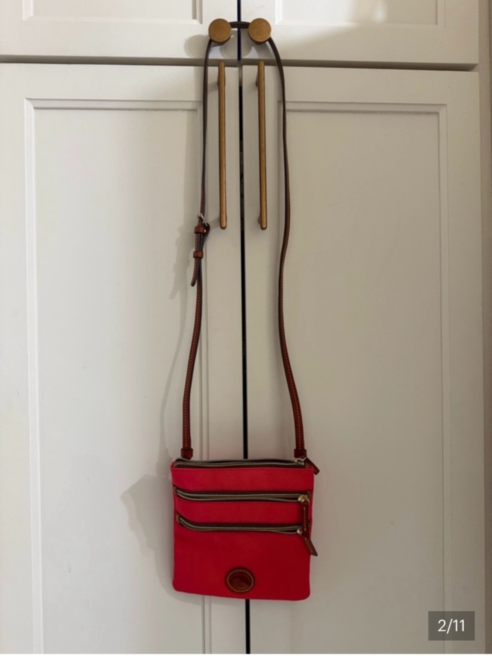 Dooney & Bourke Red Crossbody with Triple Zip Front and Tan Strap - Picture 3 of 6